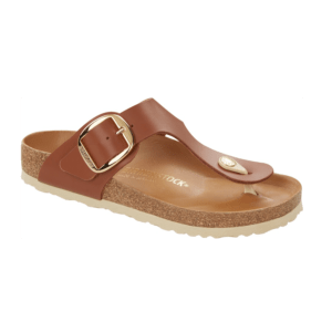 edler Birkenstock Gizeh aus cognacfarbenem Leder mit Goldschnalle