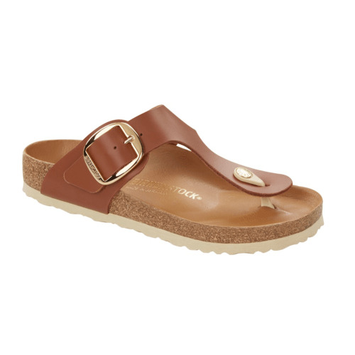 edler Birkenstock Gizeh aus cognacfarbenem Leder mit Goldschnalle